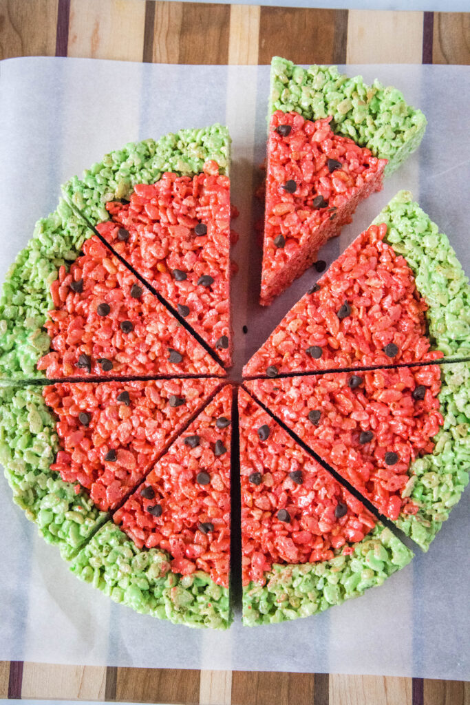 looking down on sliced watermelon krispie treat slices