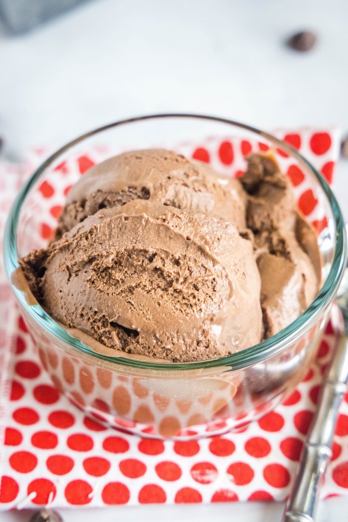 bowl with scoops of chocolate ice cream