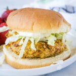 close up crispy chicken sandwich