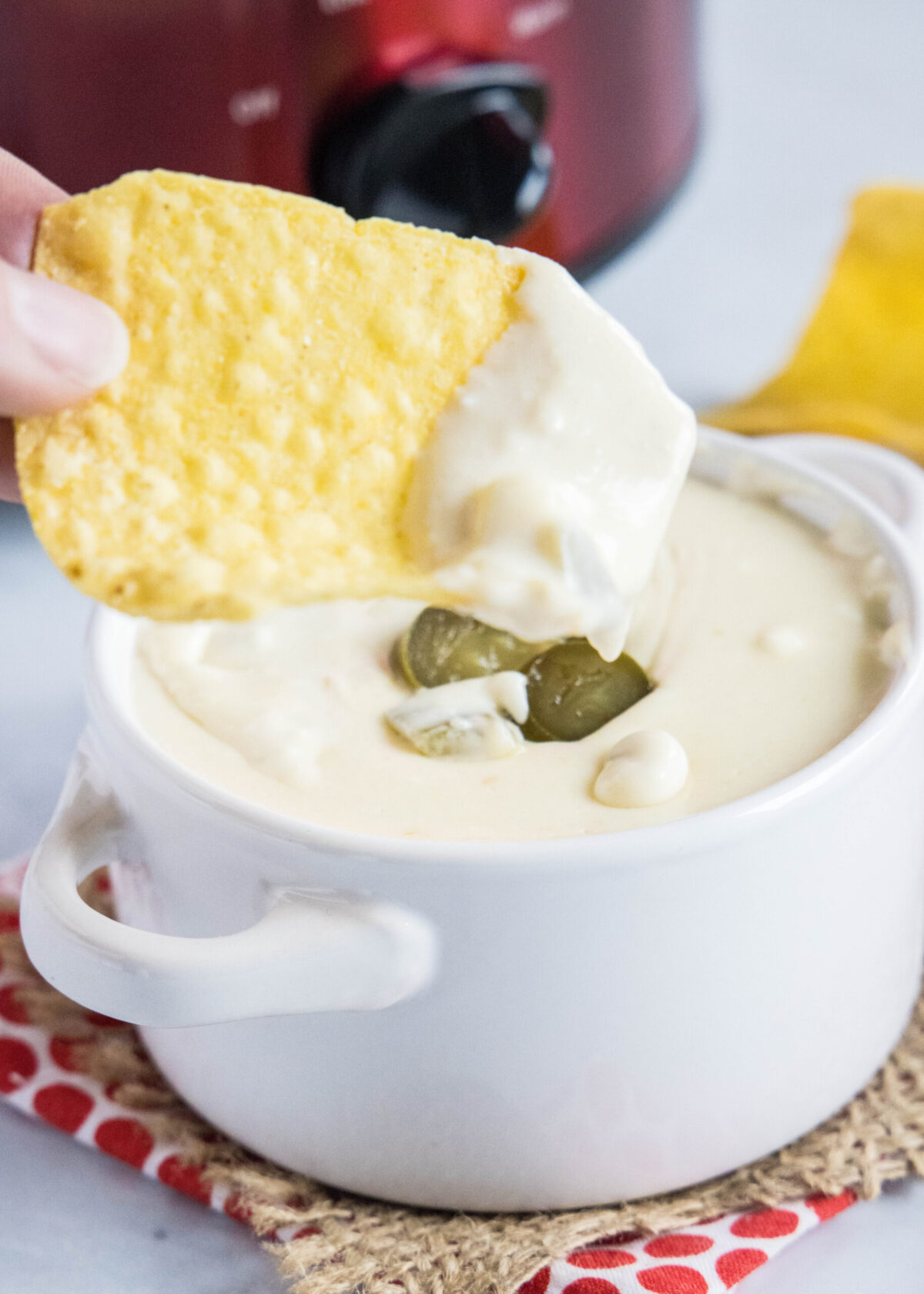 A hand pulling a chip out of a bowl of white queso dip