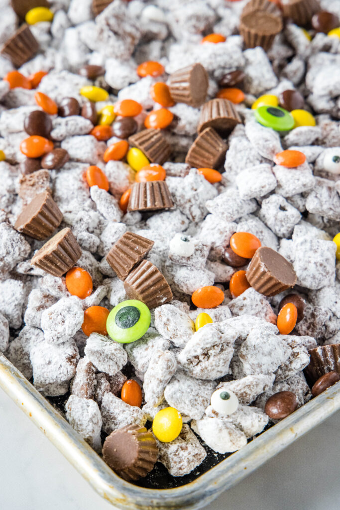 halloween puppy chow on baking tray
