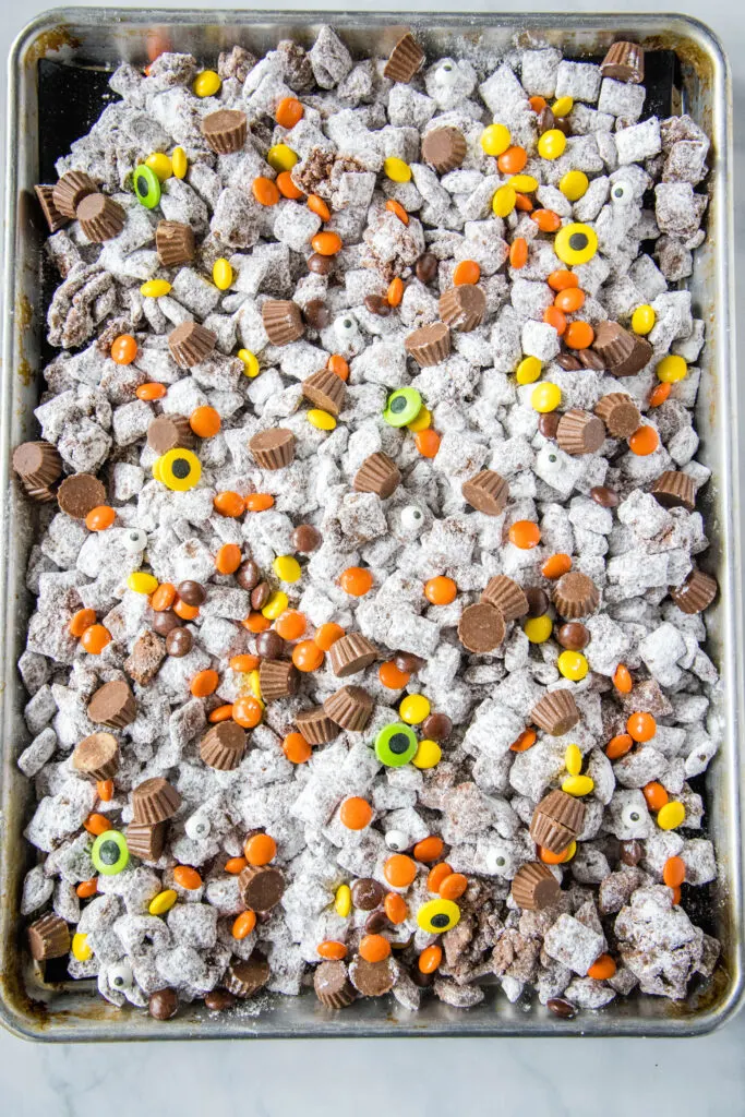 looking down on a tray of halloween puppy chow