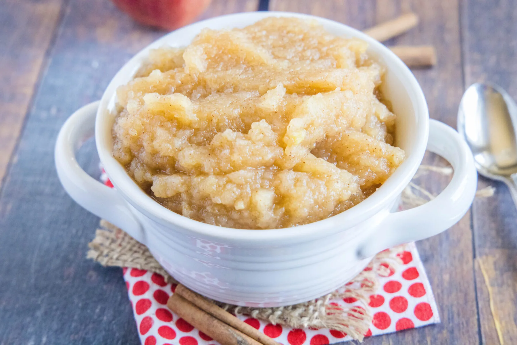 A bowl of applesauce surrounded by cinnamon sticks and a spoon