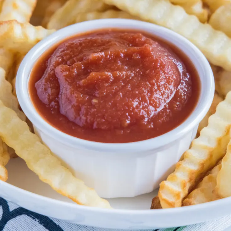 Close up of a ramekin of ketchup surrounded by fries
