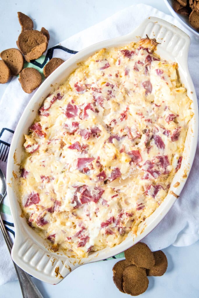 looking down on baking dish with reuben dip