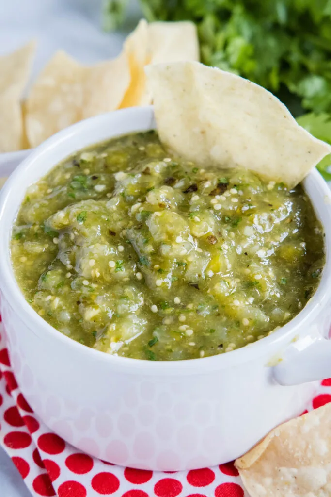 a chip in a bowl of salsa verde