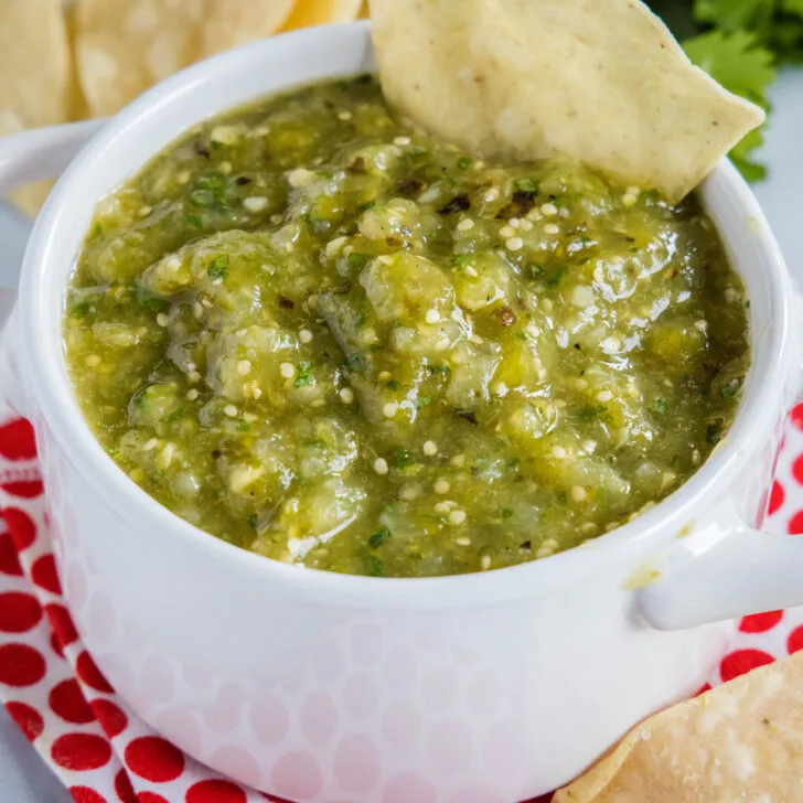 cropped close up salsa verde in a white bowl