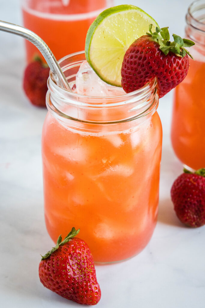 strawberry agua fresca in a mason jar
