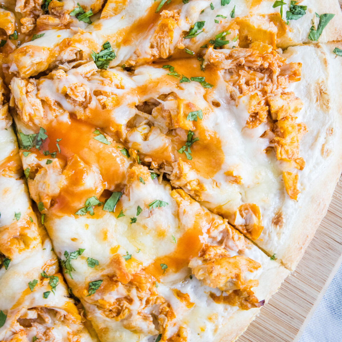 Close up of slices of buffalo chicken pizza