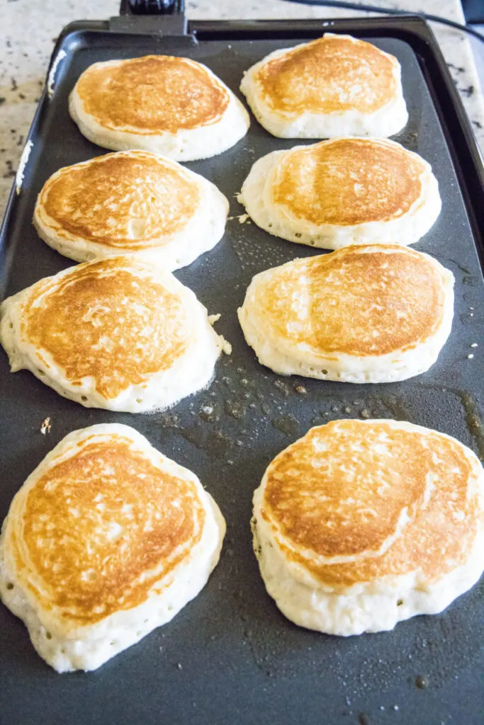 Eight pancakes cooking on a griddle