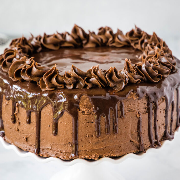 chocolate drip cake on a cake plate