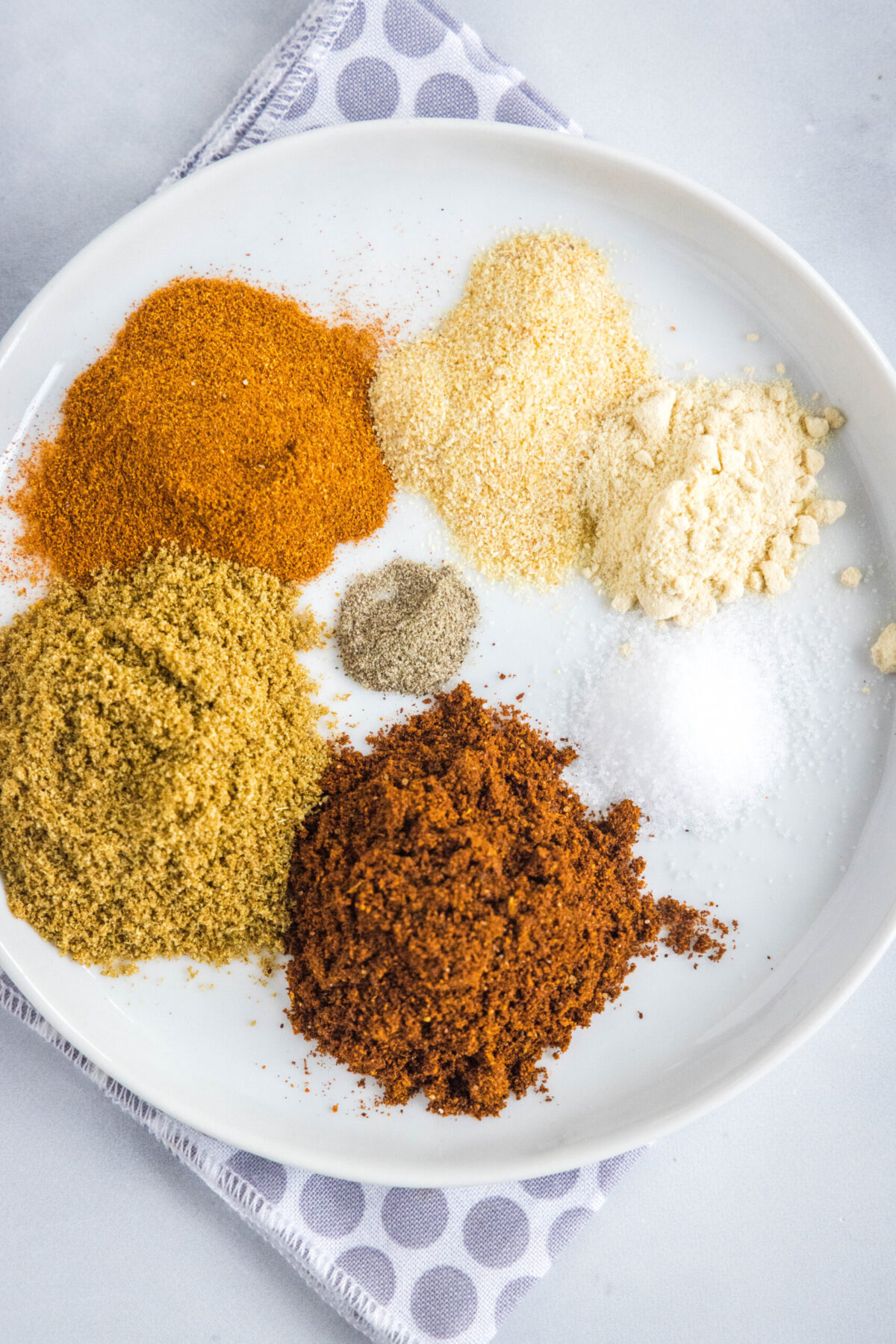 Overhead view of a white circular plate with piles of chili powder, ground cumin, paprika, garlic powder, onion powder, salt, and pepper.