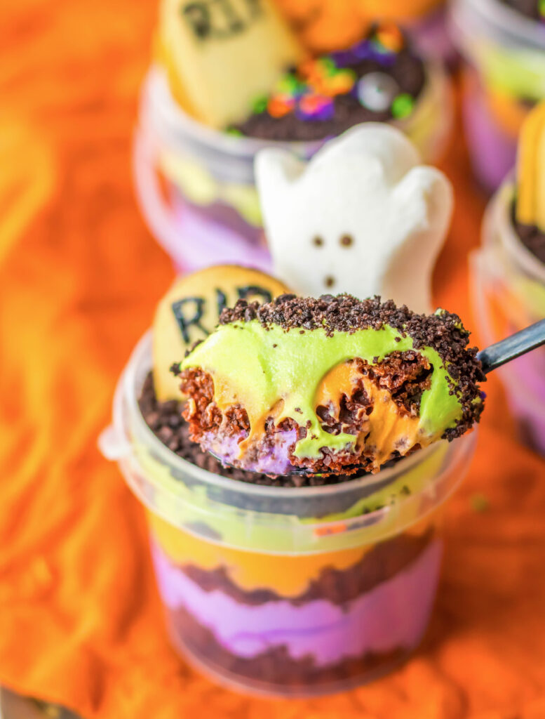 a spoonful of halloween pudding cup