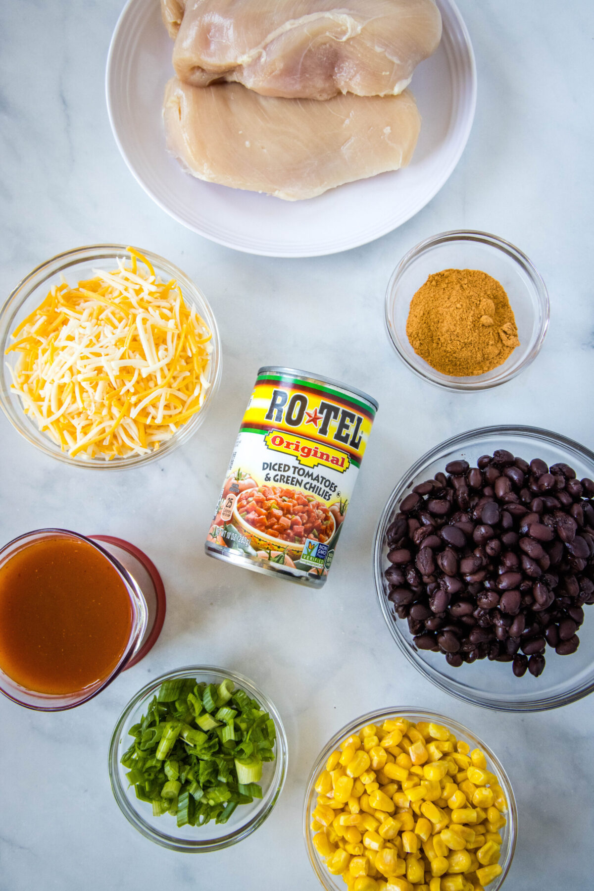 Overhead view of the ingredients needed for crock pot Santa Fe chicken: a plate of chicken breasts, a bowl of shredded cheese, a bowl of black beans, a can of tomatoes with chilies, a bowl of taco seasoning, a jar of enchilada sauce, a bowl of corn, and a bowl of green onions