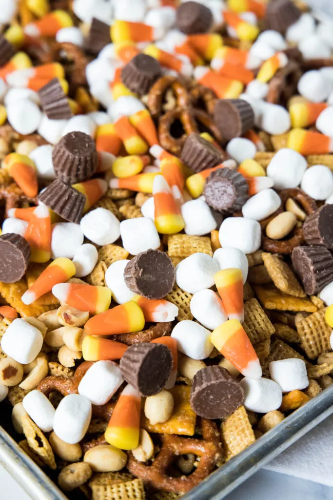 candy added to tray of fall snack mix