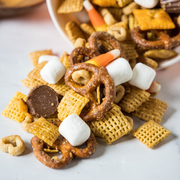 close up snack mix on a counter