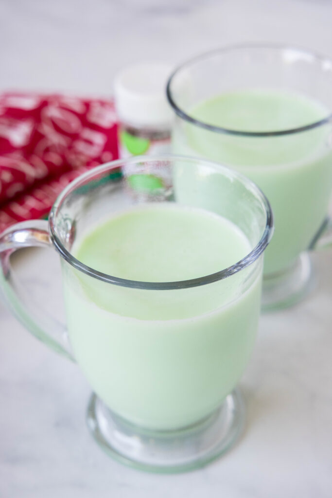 green white peppermint hot chocolate in a mug