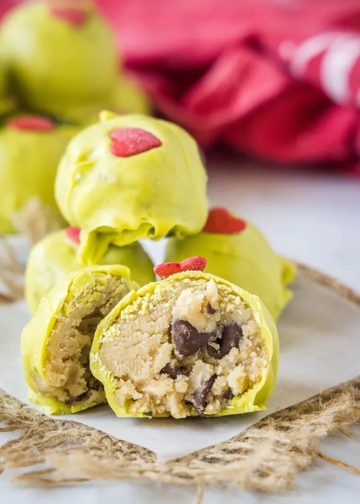 cookie dough truffles turned into grinch truffles