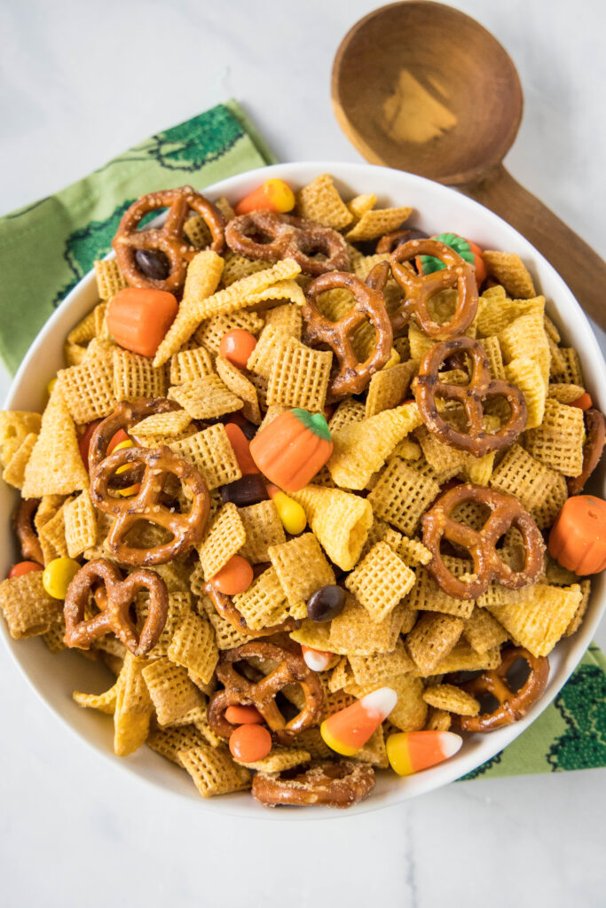 looking down on a bowl of halloween chex mix