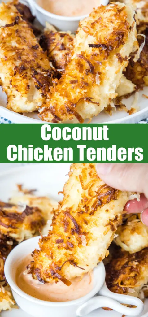 close up chicken tenders with coconut breading for pinterest