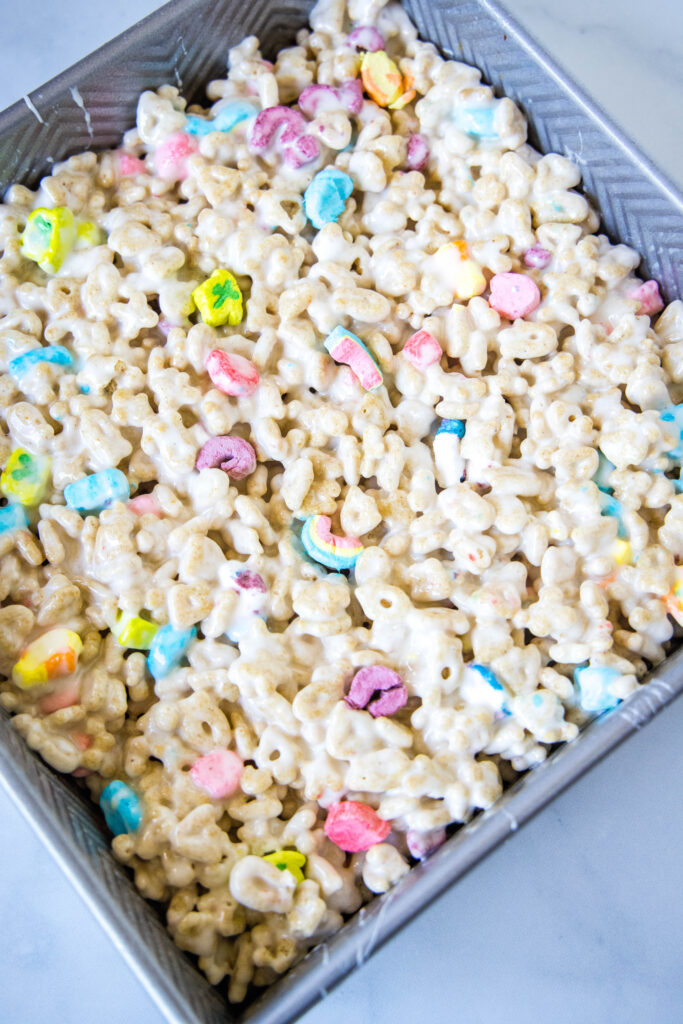 lucky charms treats in a baking dish