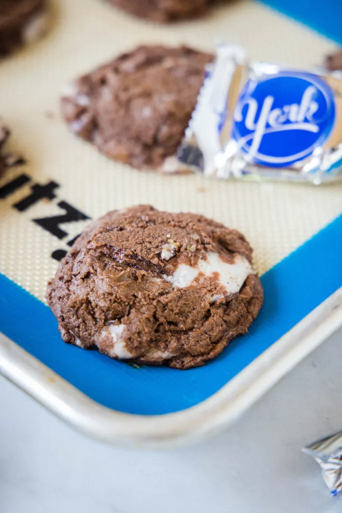 baked peppermint patty cookie on a baking sheet