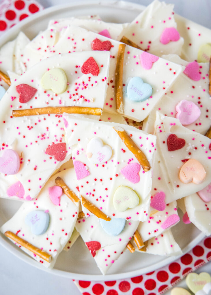 looking down on a plate of white chocolate valentine's day bark