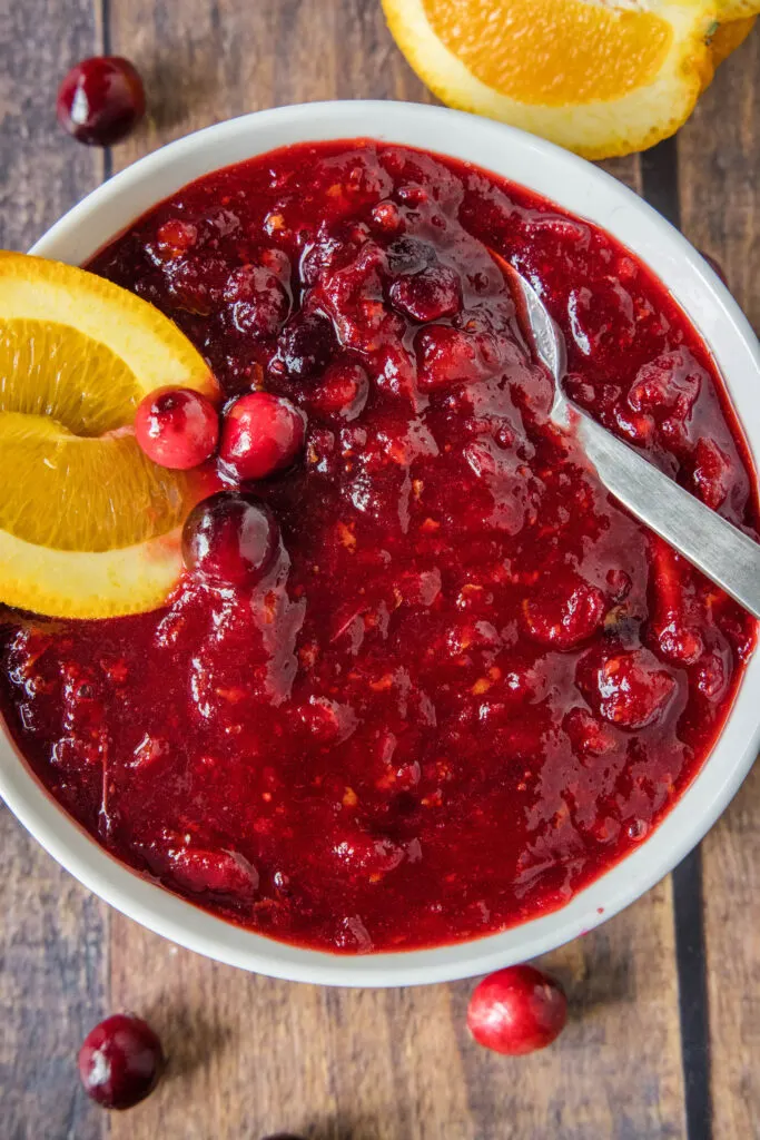 looking down on a bowl of homemade cranberry sauce