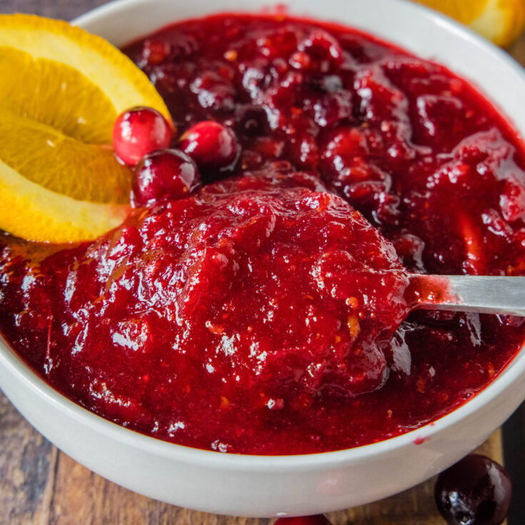 cropped close up of spooning cranberry sauce from a bowl