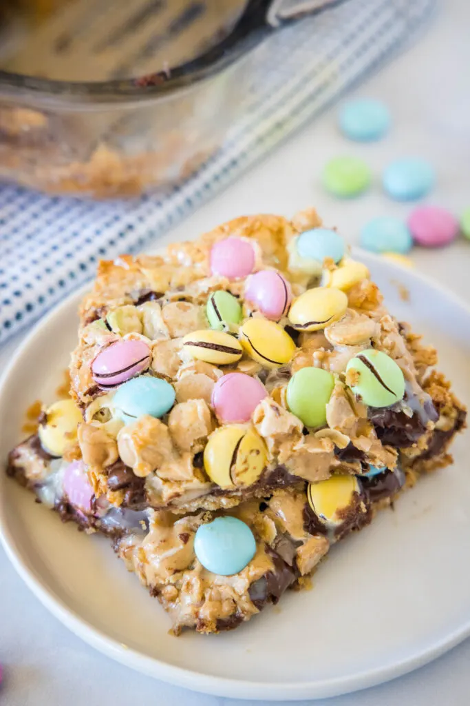 looking down on a plate of easter magic bars