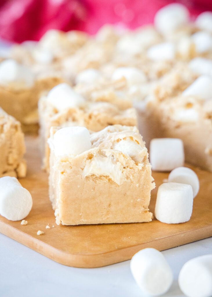 peanut butter marshmallow fudge on a cutting board