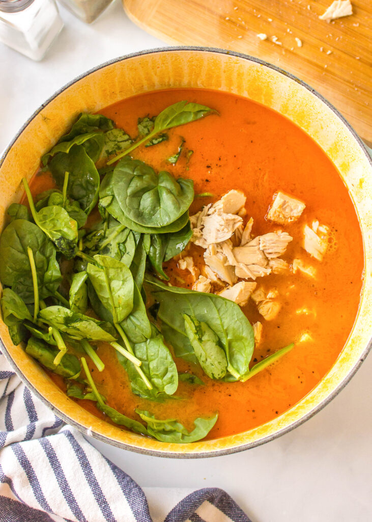 adding spinach and chicken back to soup
