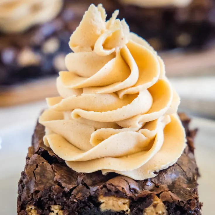 Close up of a chocolate brownie topped with a swirl of peanut butter.