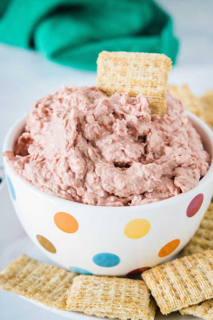braunschweiger dip in a bowl with crackers