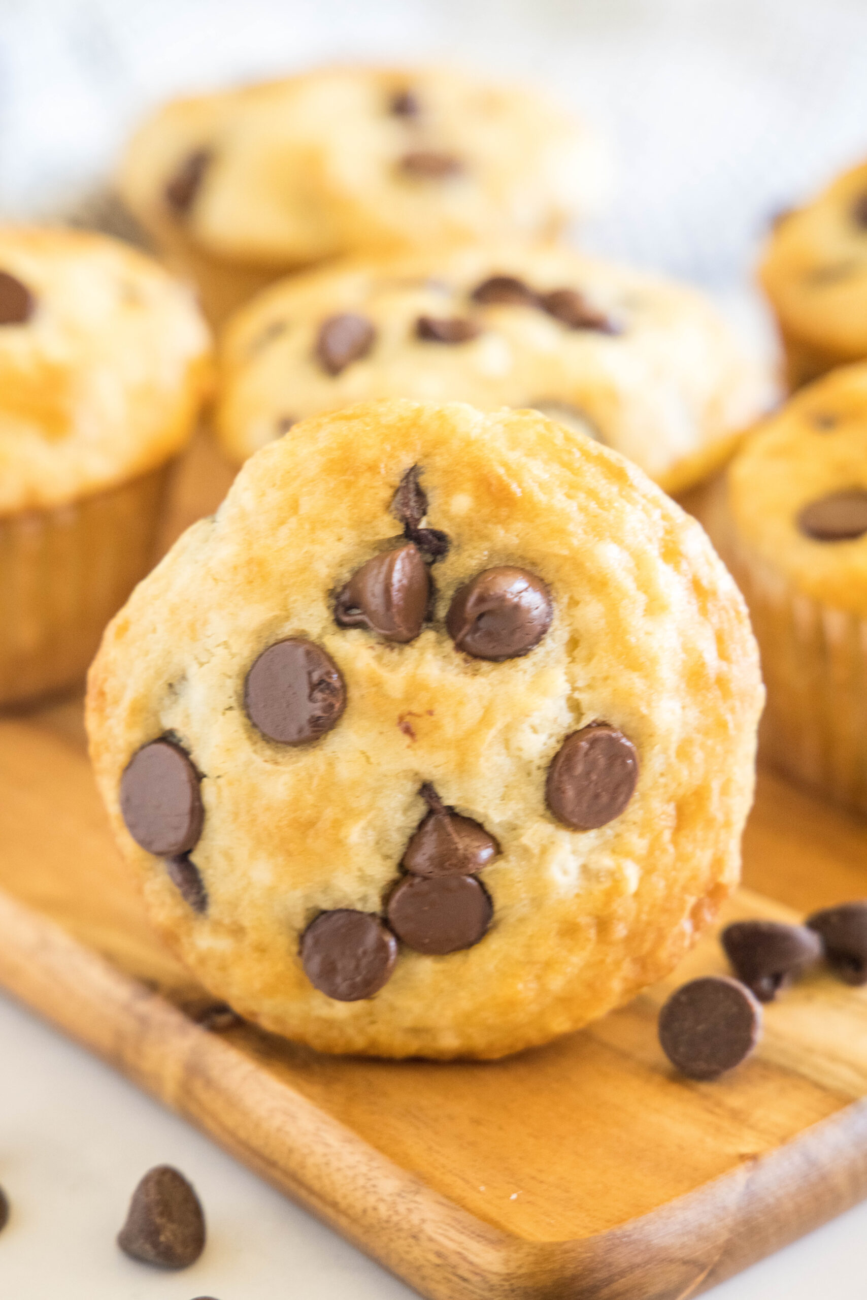 Close up of a chocolate chip buttermilk muffin on a wooden platter, with more muffins in the background.