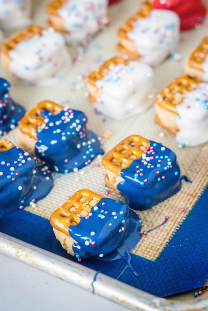 peanut butter pretzel bites on a baking tray