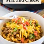taco mac and cheese with text for pinterest