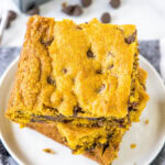 close up pumpkin chocolate chip bars on a plate
