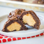 close up peanut butter stuffed cookie on a plate