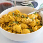 close up pumpkin pasta in a bowl
