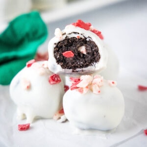 close up peppermint oreo truffles on a plate