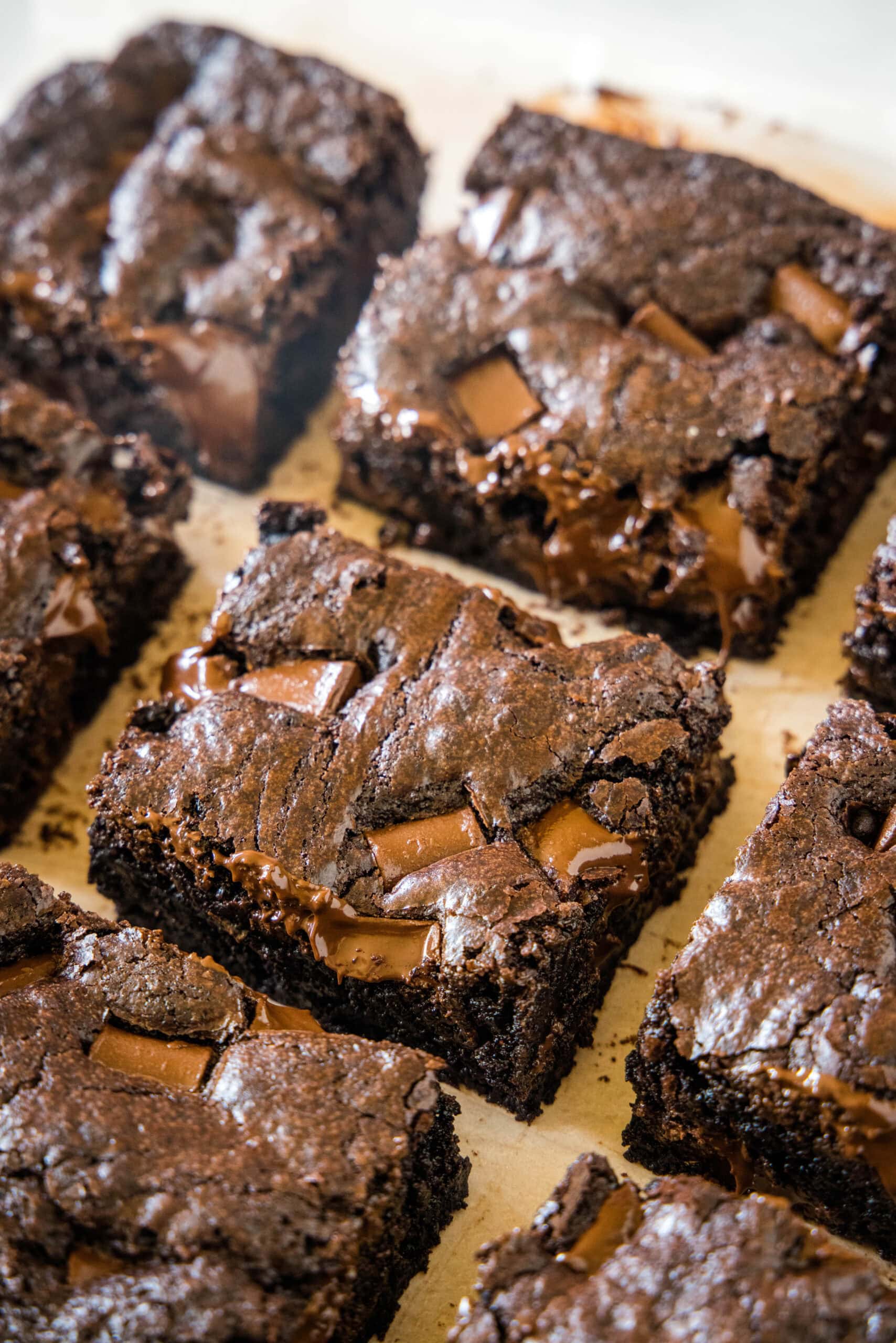 Make thick and chewy, fudgy double chocolate brownies with cocoa powder and chocolate chunks, for loads of melty chocolate in every bite! Overhead view of double chocolate brownies cut into squares.