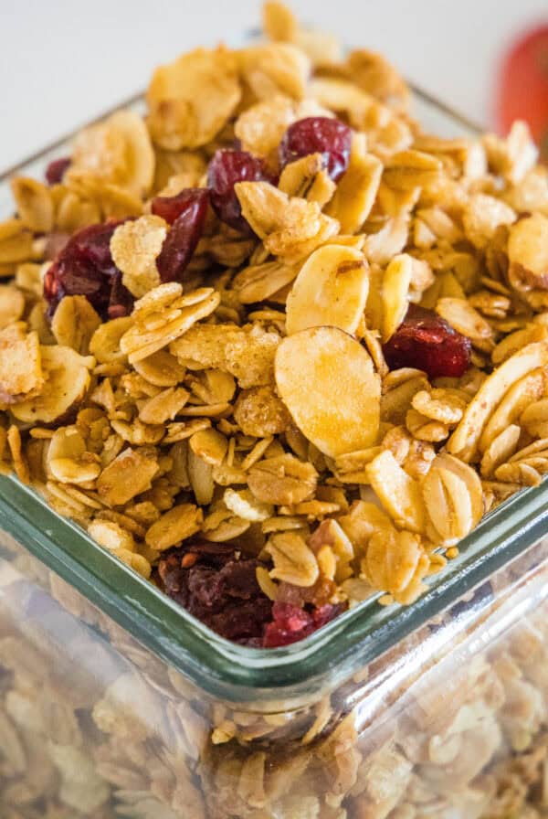 cropped close up vanilla granola in a jar