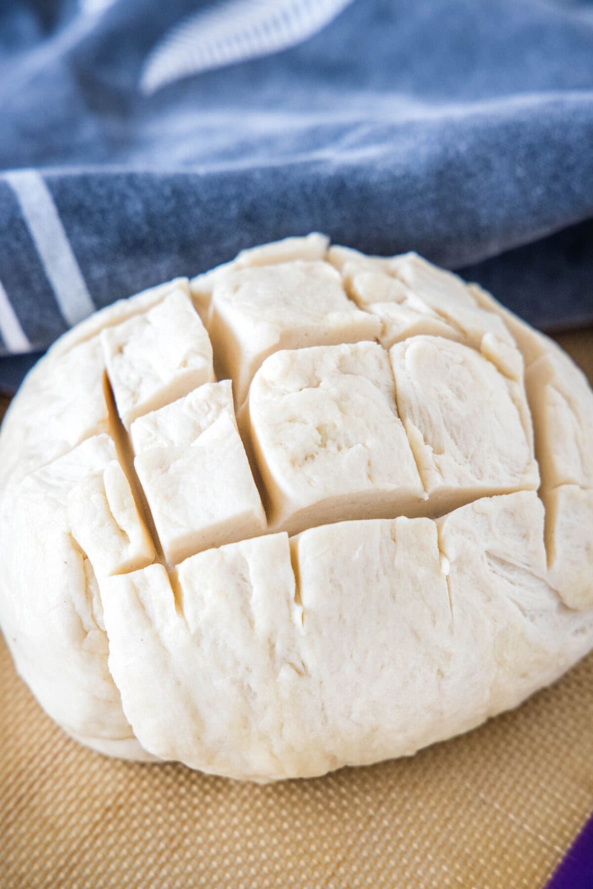 A scored bread dough ball on a countertop.
