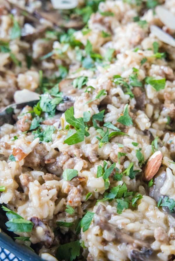 cropped close up sausage and rice in a skillet