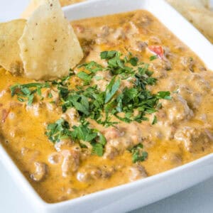 cropped close up cheesy rotel dip in a bowl