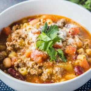cropped close up bowl of pasta fagioli