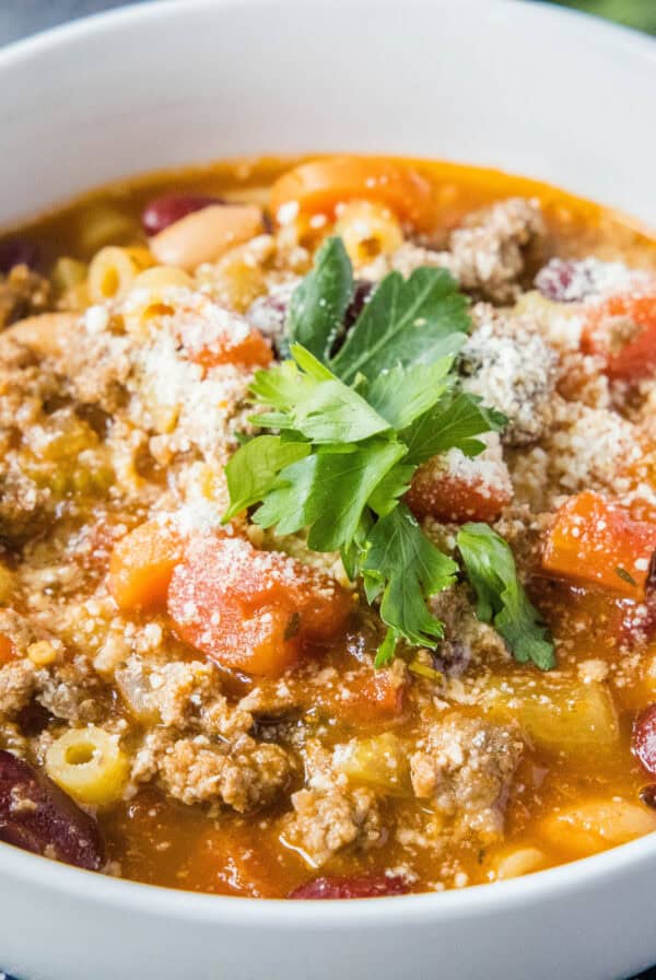 cropped close up bowl of pasta fagioli