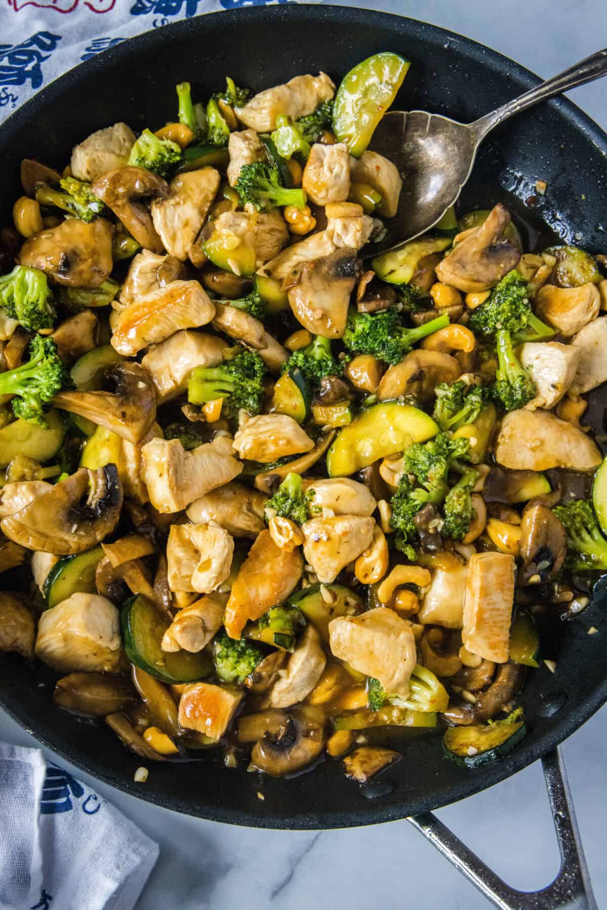 looking down on skillet with chicken stir fry