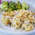 close up chicken stuffing casserole on a plate